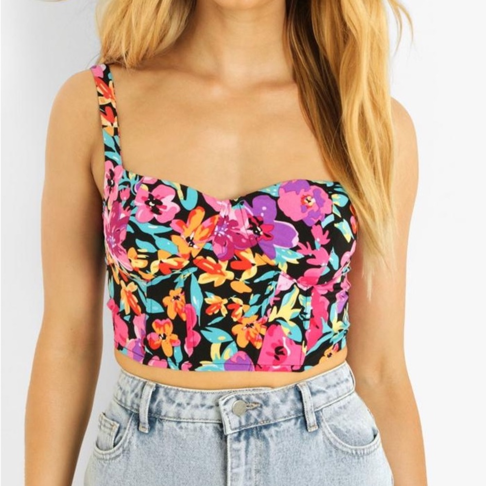 NEW Boohoo Floral Print Corset Detail Crop Top